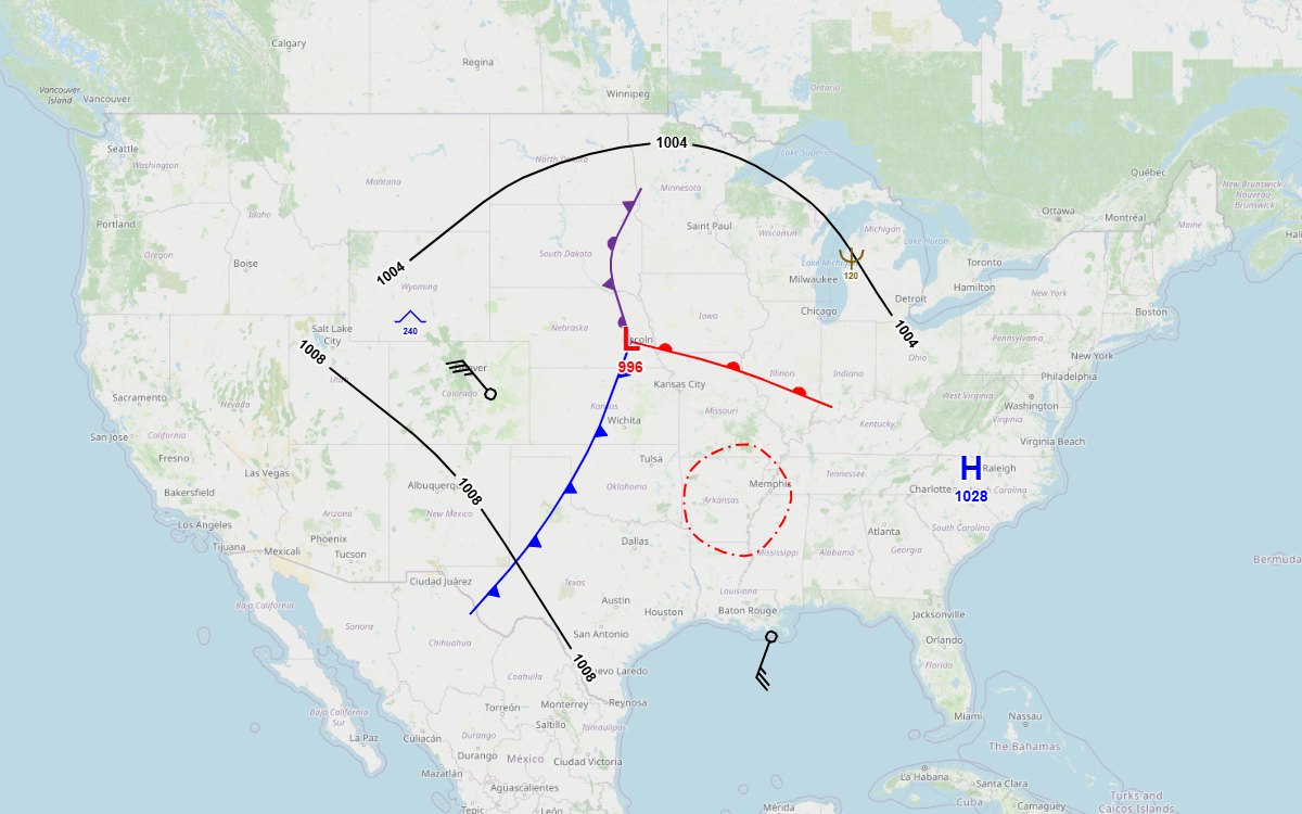 A surface analysis over the central United States drawn by the Zaes METOC library: a low with cold, warm and occluded fronts, isobars labeled 1004 and 1008, a high, wind barbs, a thunderstorm area, and turbulence and icing marked with their heights