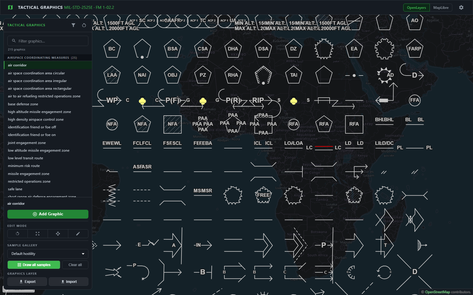 Tactical graphics generated by the Zaes library, including arrows, phase lines, mission tasks, obstacles, range fans, and area graphics